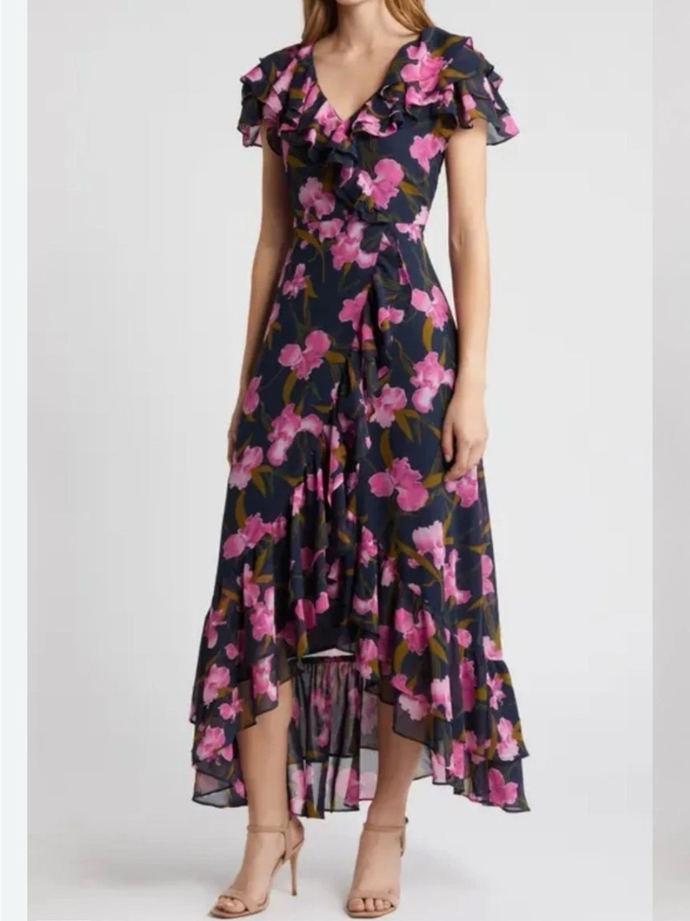 Chelsea28 Navy Floral High-Low Ruffle Maxi Dress with Pink Blossoms